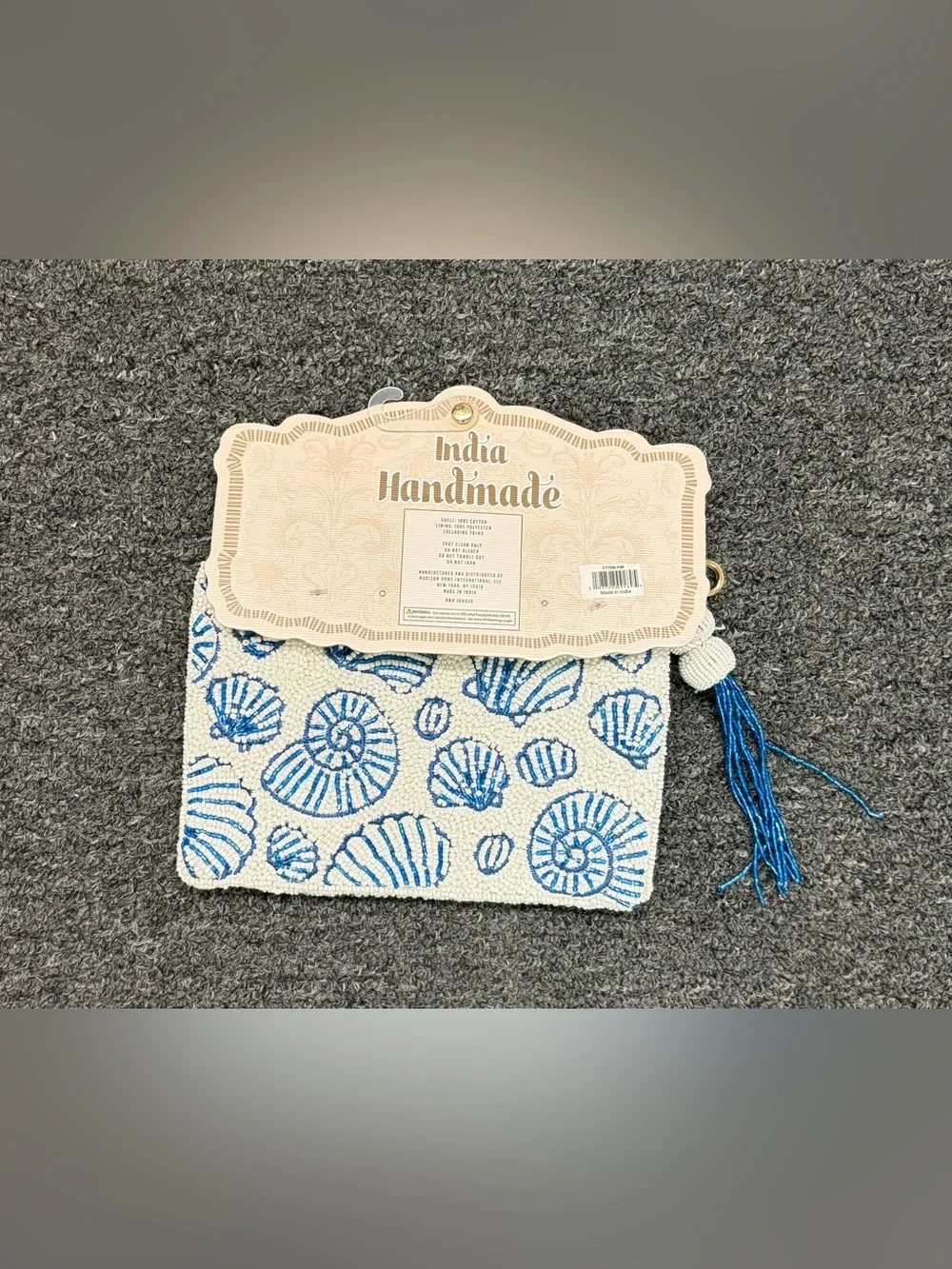 Made in India Beaded Shell Zip Pouch - White & Blue